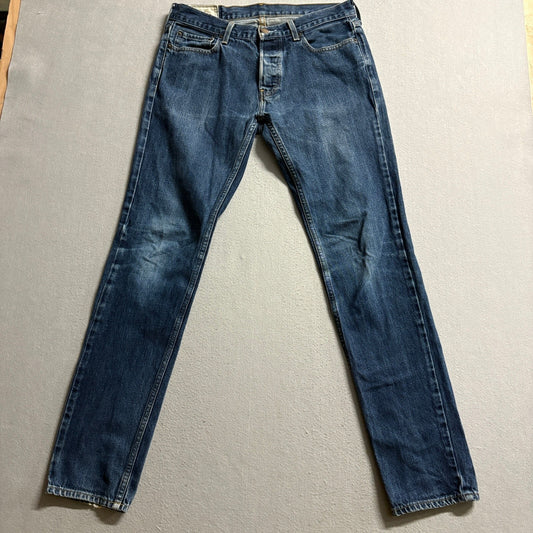Hollister Jeans Mens 32x34 Blue Denim Button Fly Straight Leg 100% Cotton