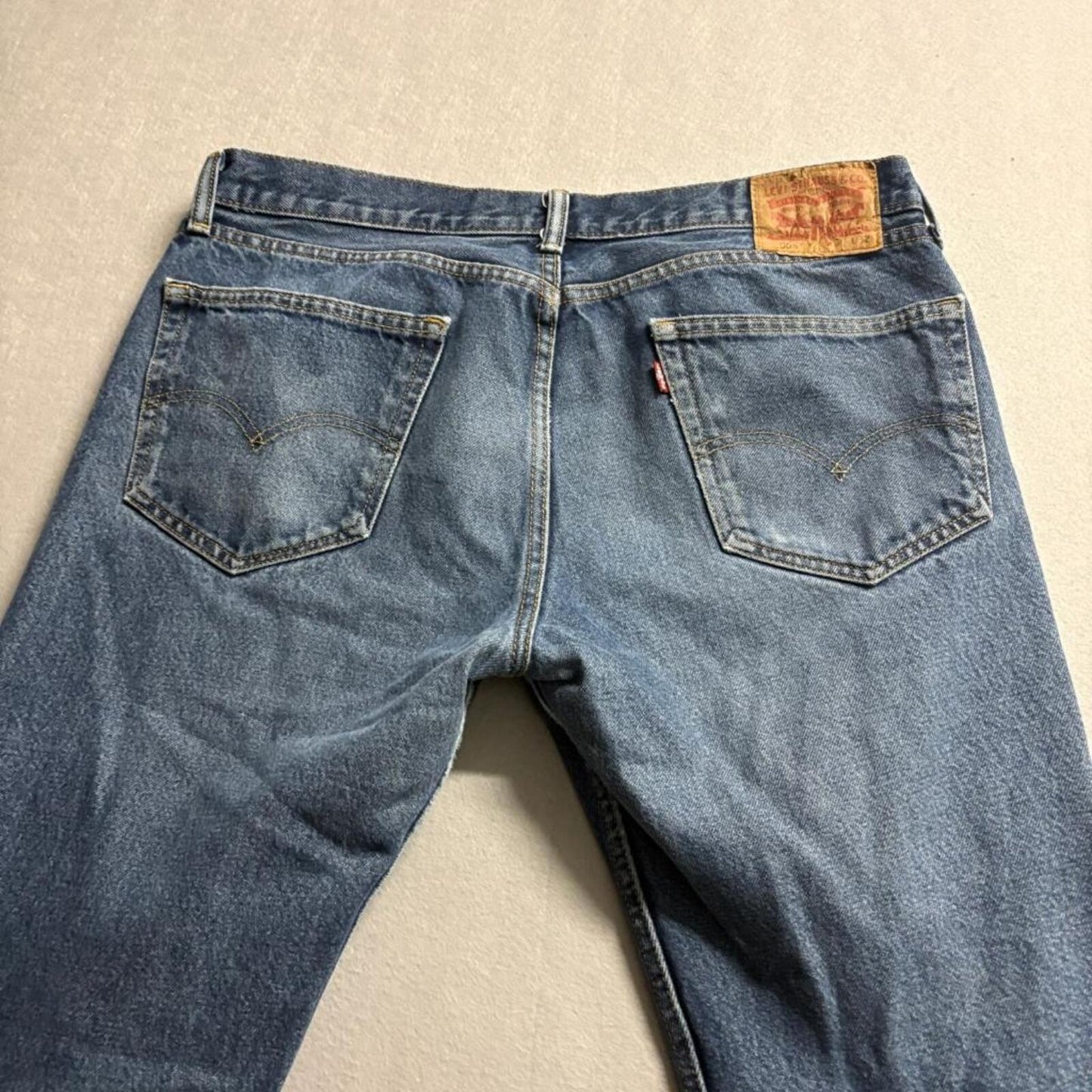 Levis 505 Regular Fit Jeans Mens 36x32 Blue Denim Straight Leg Distressed Hems
