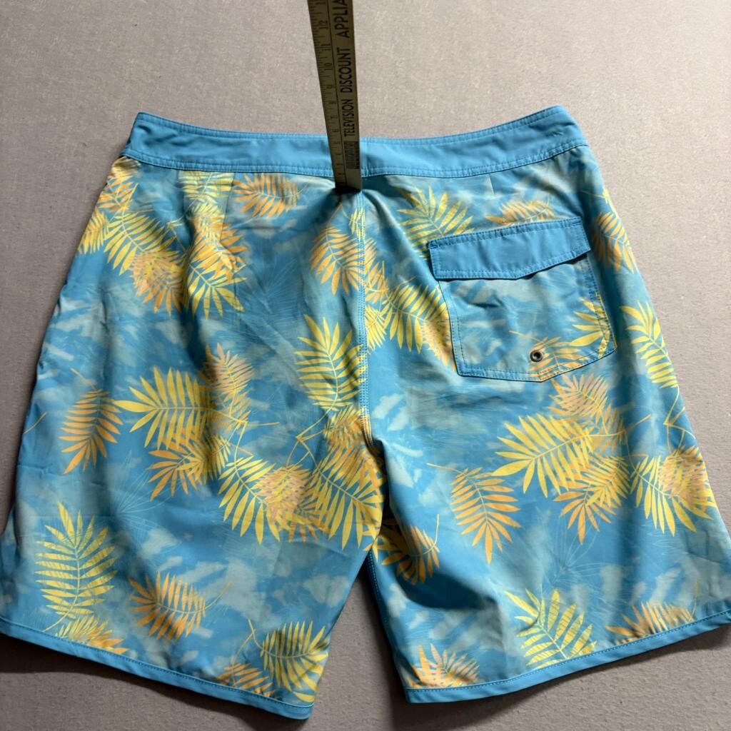 Surfcuz Board Shorts Mens 36 Blue Yellow Palm Leaf Print Swim Trunks Pockets