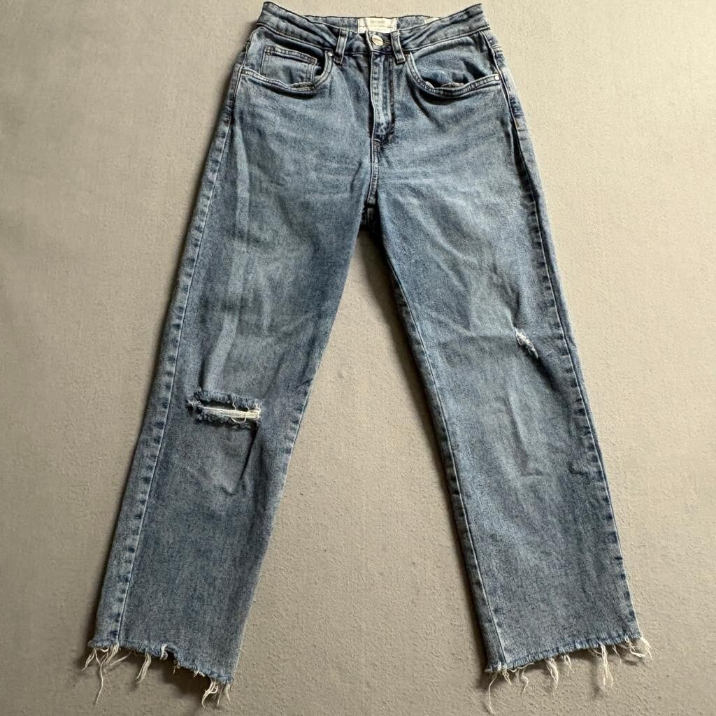 Cotton On Stretch Straight Leg Jeans Womens US 4 Blue Distressed Raw Hem Denim