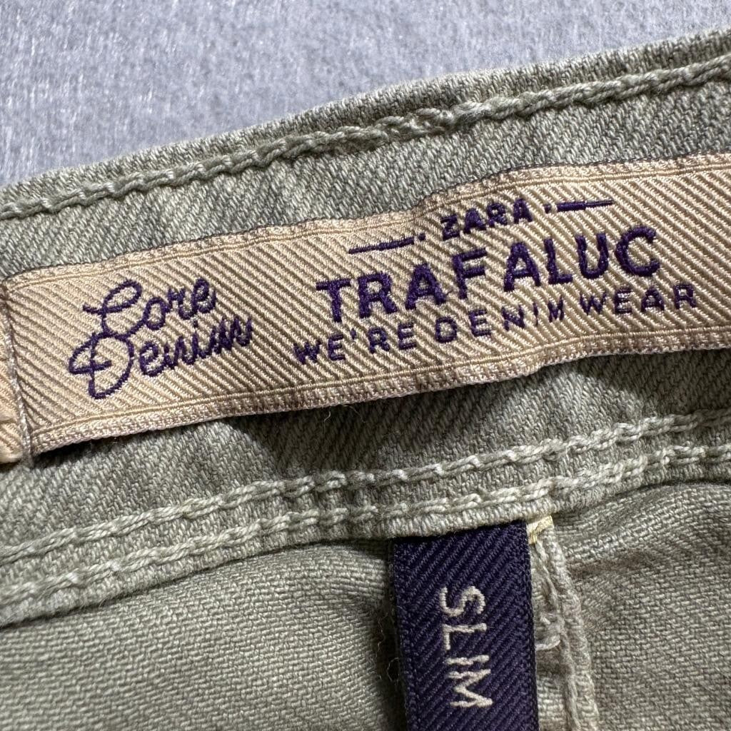 Zara Trafaluc Slim Jeans Womens 2 Green Olive Raw Hem Stretch Denim Pants