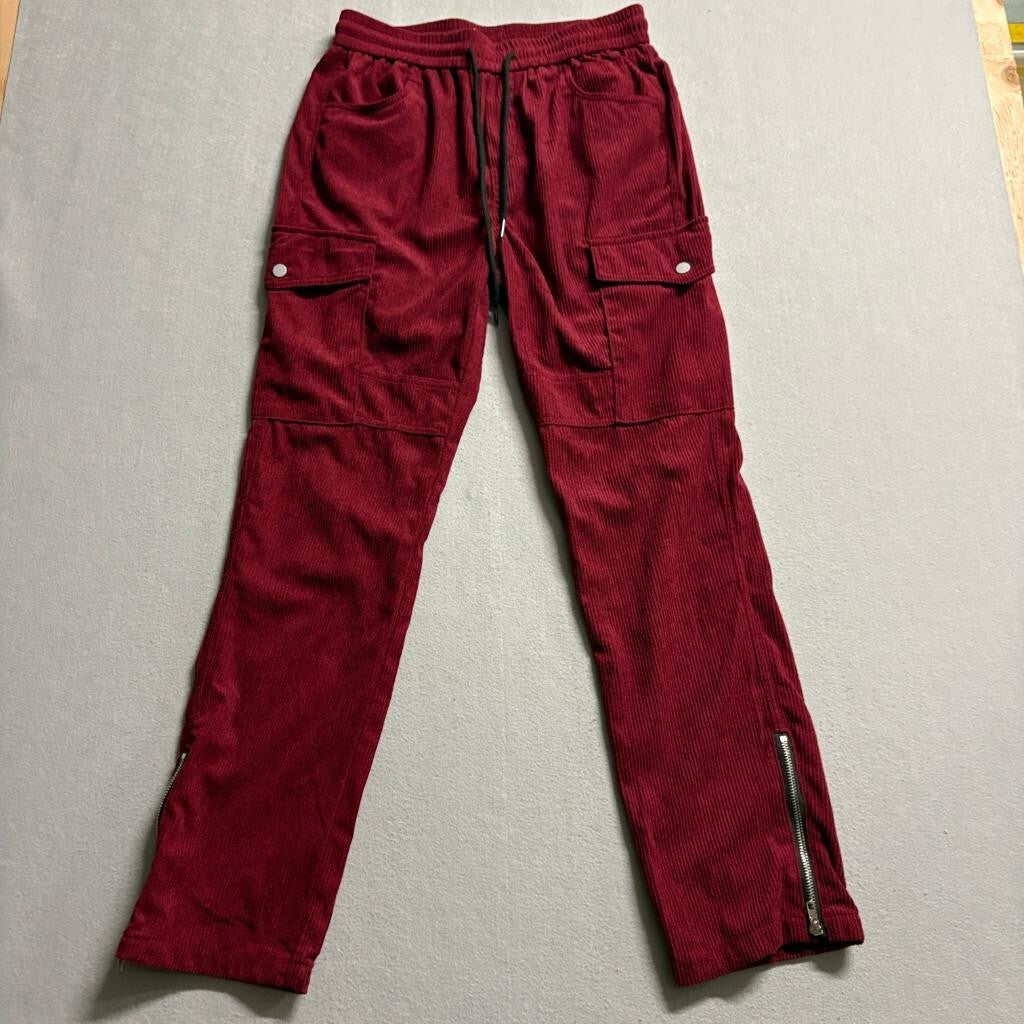 Unbranded Mens Corduroy Cargo Pants Medium Burgundy Red Zipper Ankle Drawstring