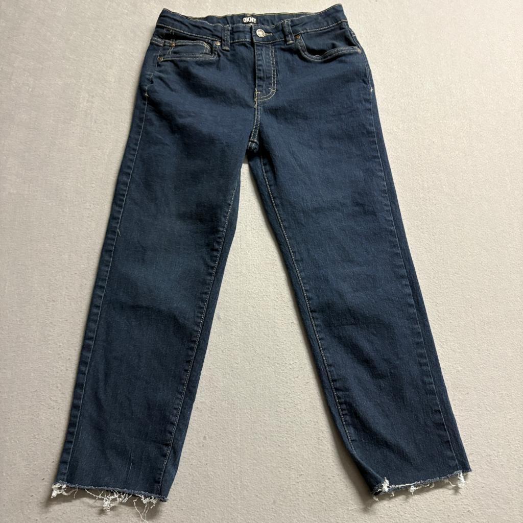 DKNY Girls Jeans Size 16 Blue Denim Raw Hem Straight Leg Stretch
