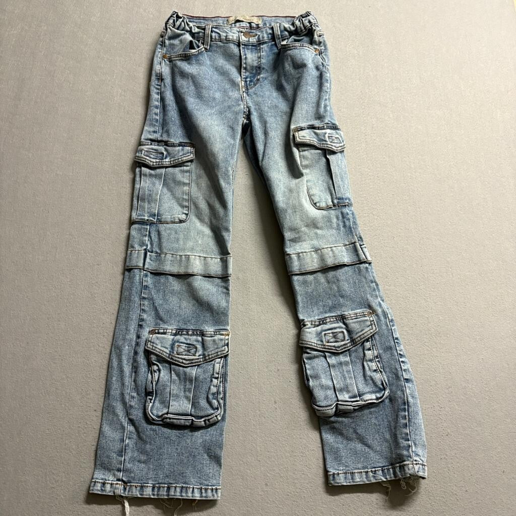 Love Trends Cargo Jeans Womens Size 3 Blue Denim Wide Leg Multi Pocket Stretch
