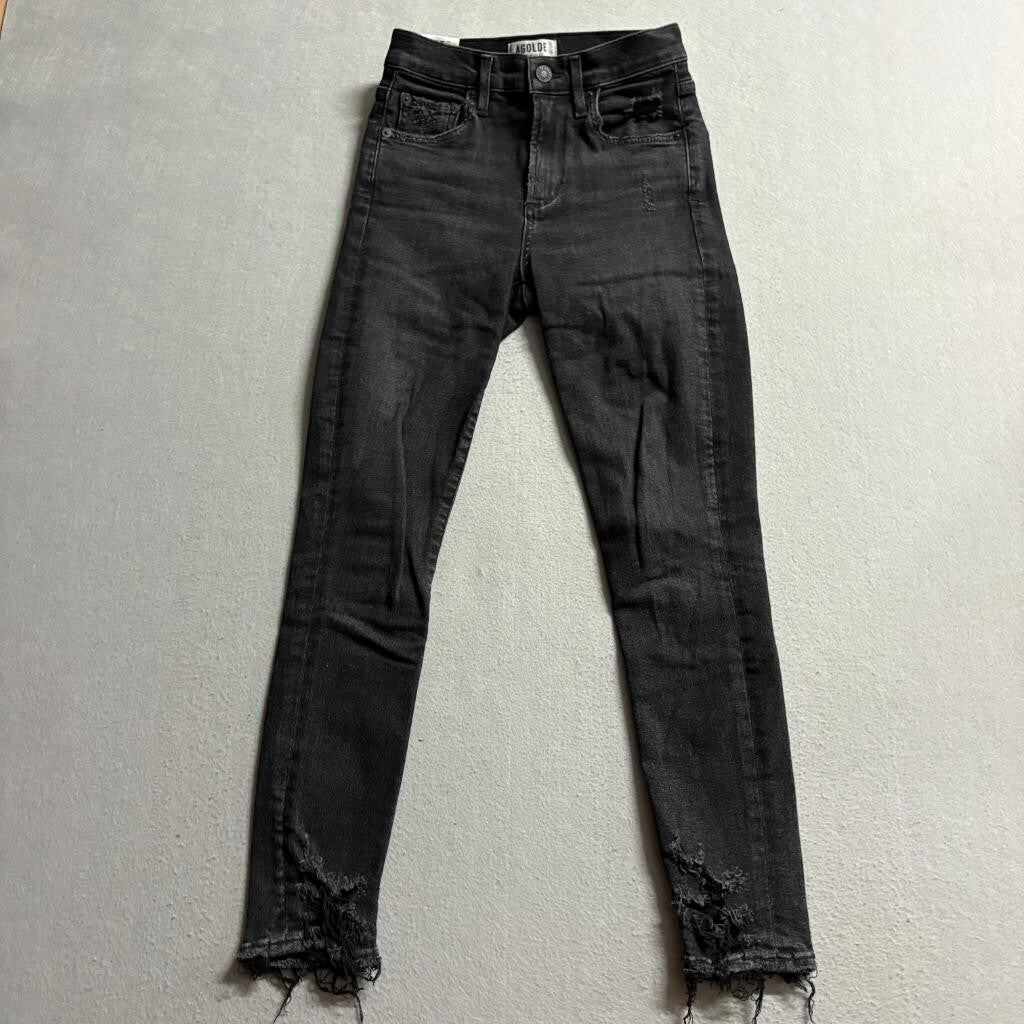 AGOLDE Sophie High Rise Skinny Jeans Womens 24 Black Distressed Frayed Hem