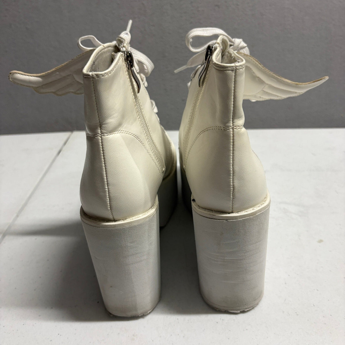 Platform Angel Wing Ankle Boots White Faux Leather Chunky High Heel Women Size