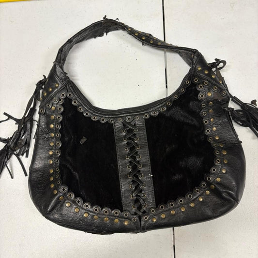 Vintage Black Faux Leather Hobo Bag Studded Grommet Lace Up Fringe Punk Goth