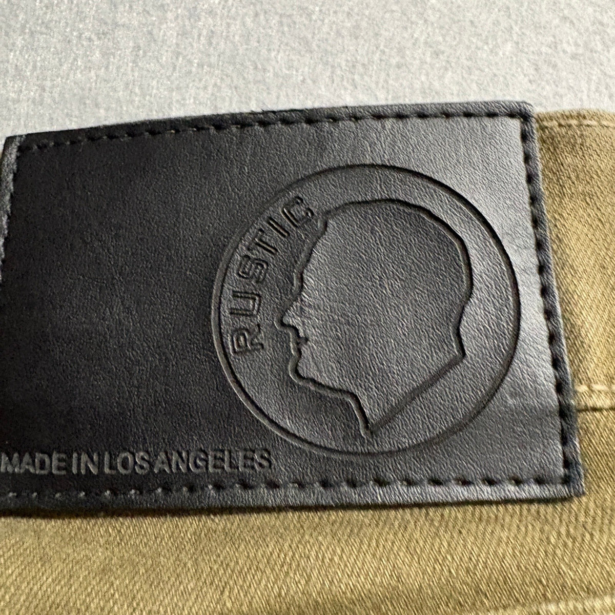 Rustic Dime Mens 34 Olive Green Distressed Taper Fit Jeans Made in USA Stretch