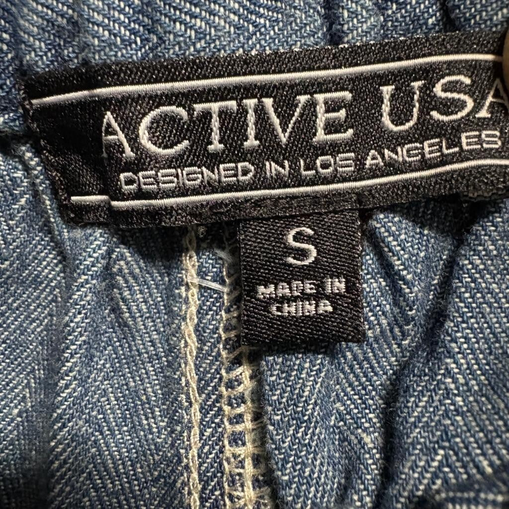Active USA Womens Blue Denim Joggers Size S Elastic Drawstring Waist 100% Cotton