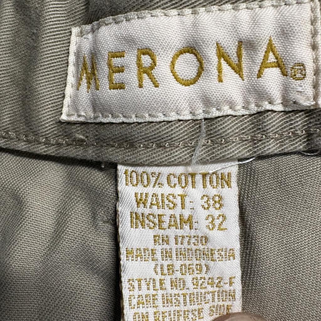 Merona Chino Pants Mens 38x32 Khaki Beige 100% Cotton Flat Front Casual Trousers
