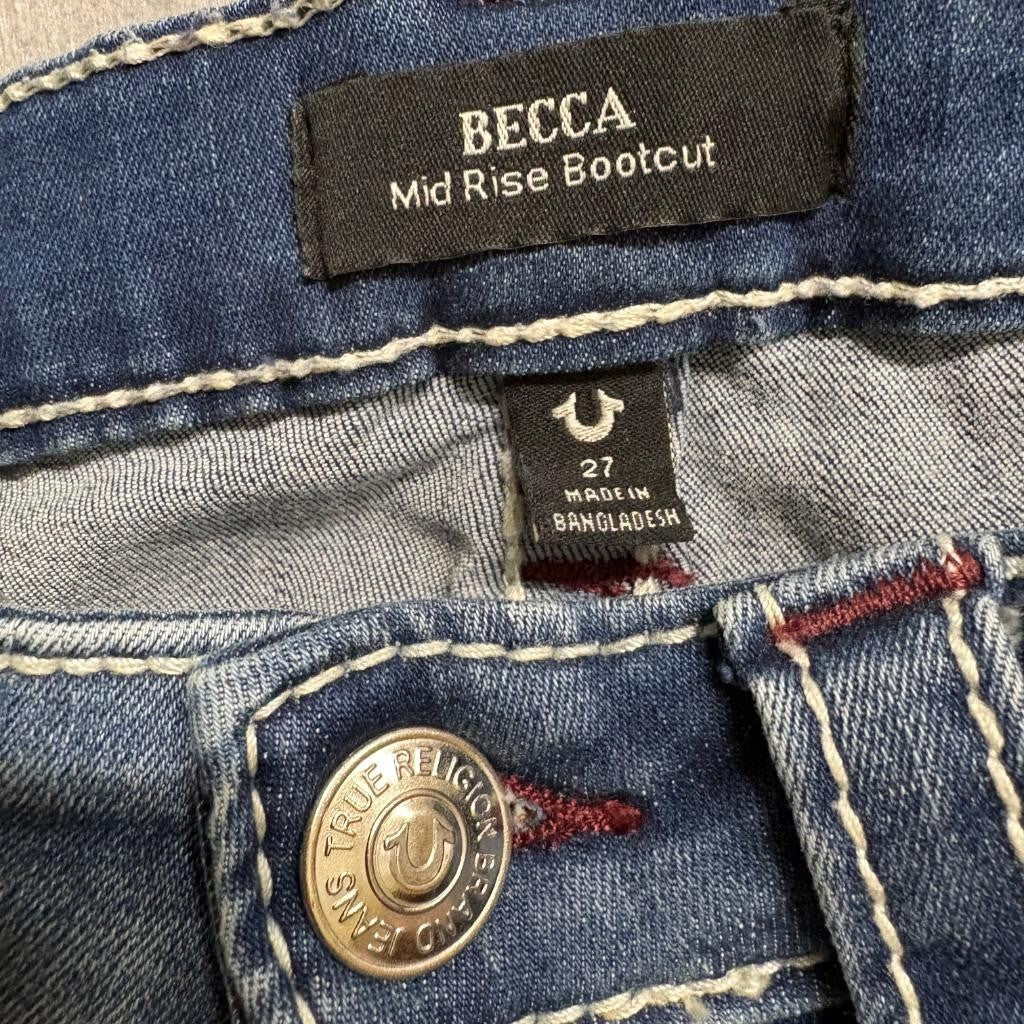 True Religion Becca Mid Rise Bootcut Jeans Womens Size 27 Blue Denim Flap Pocket