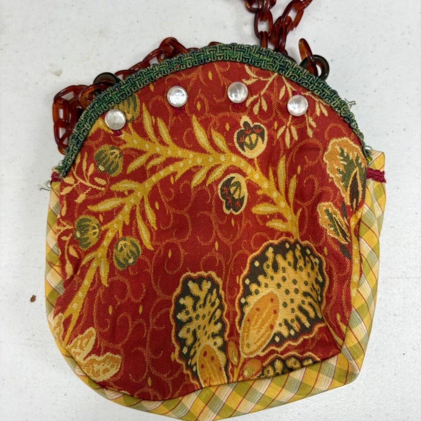 Vintage Handmade Fabric Purse Red Yellow Floral Pattern Tortoiseshell Chain