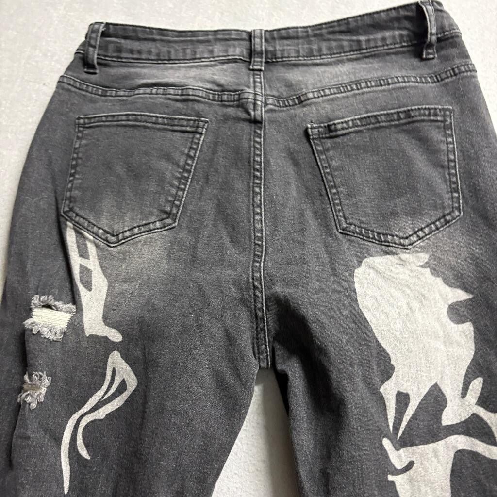 Shein Distressed Graphic Print Jeans Womens Large Black Raw Hem Ripped Denim