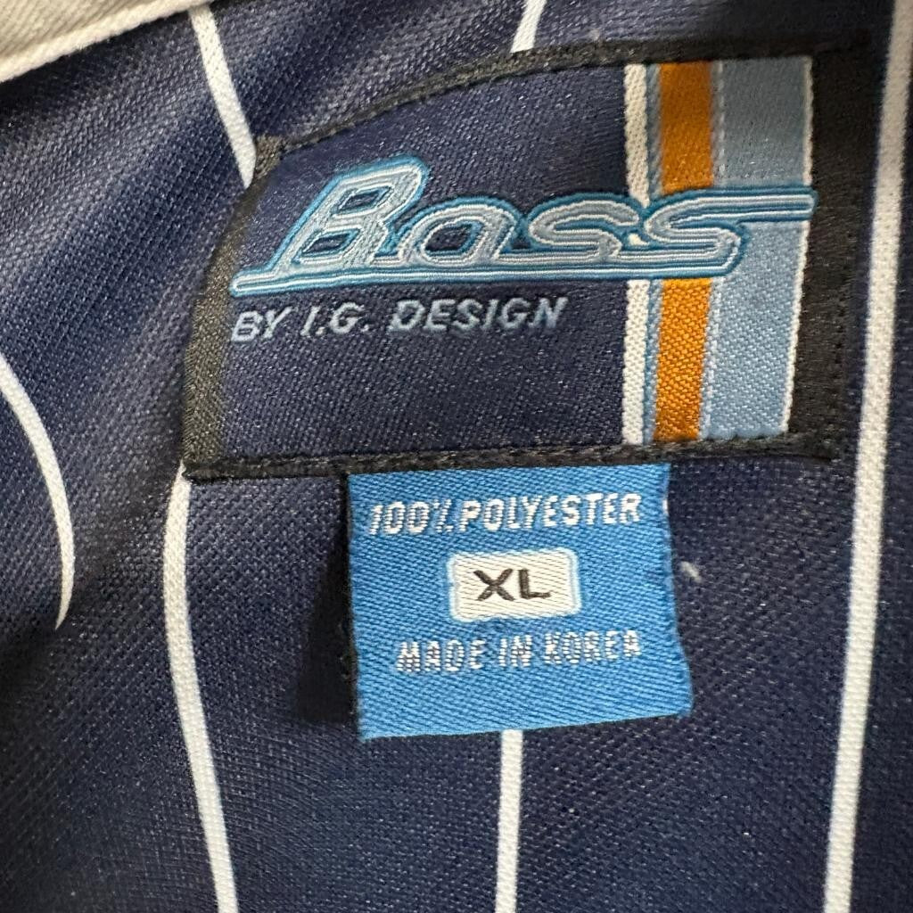 Vintage Boss by IG Design Polo Shirt Mens XL Navy Blue Pinstripe Baseball 1989