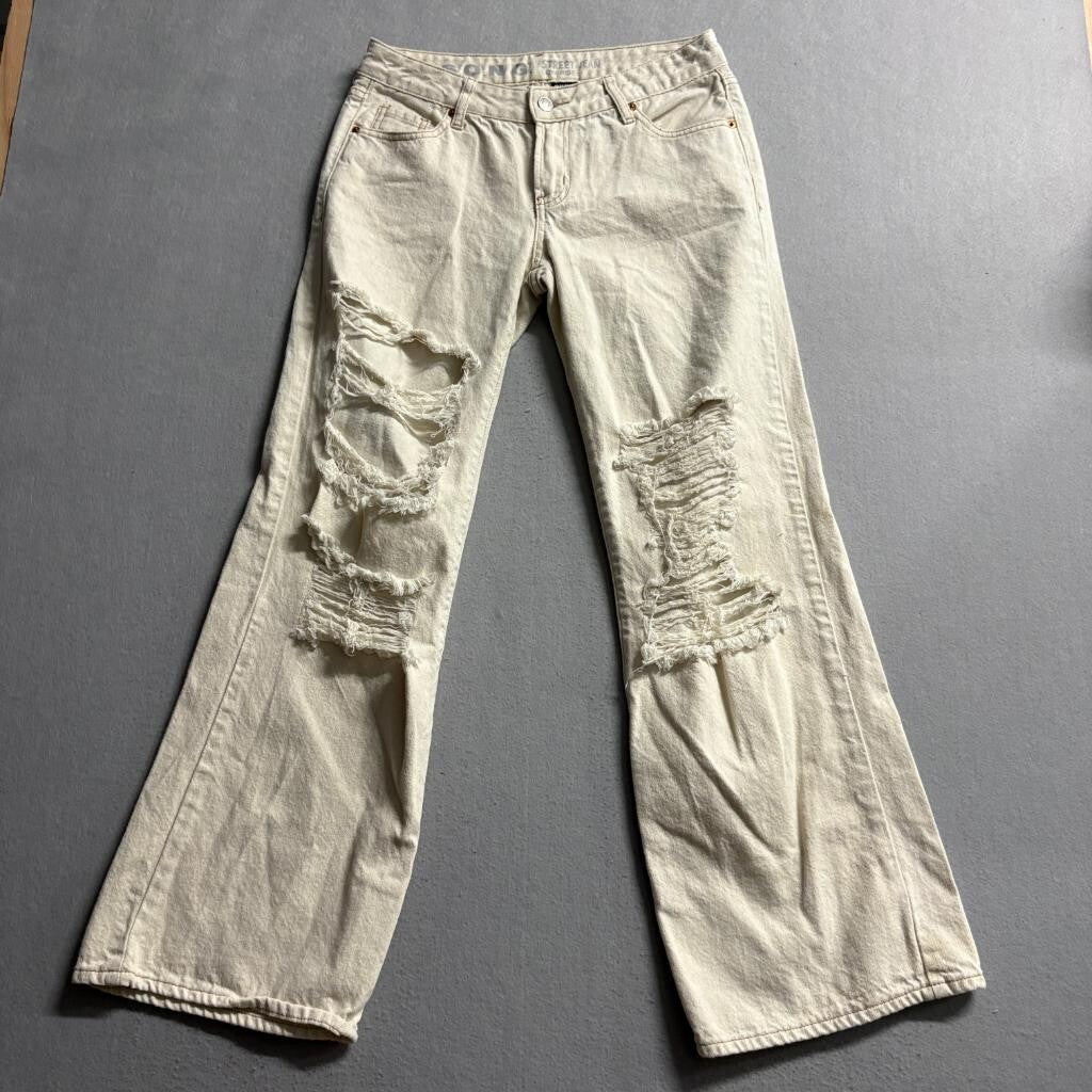 SONG Street Jean Womens 7/28 Beige Distressed Ripped Low Rise Wide Leg Jeans