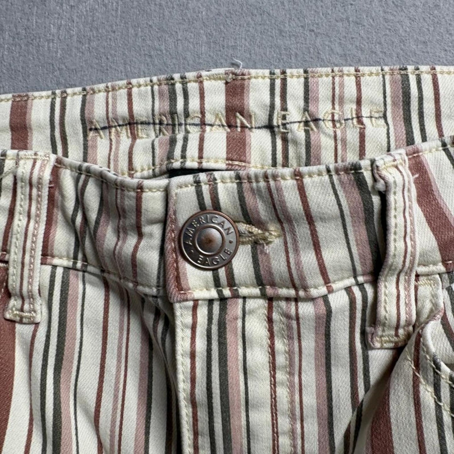 American Eagle Striped Jeans Womens 10 Regular Skinny Stretch Cream Brown Pink