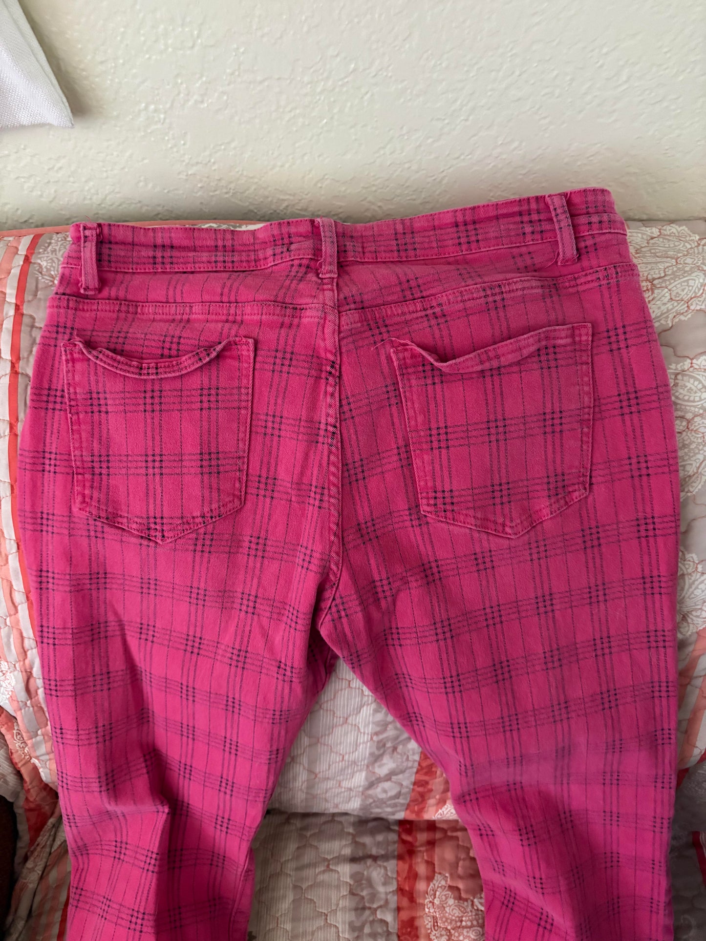Vintage ABSECAI Pink Plaid Pants - Size 38 - Stretch Cotton Skinny Fit
